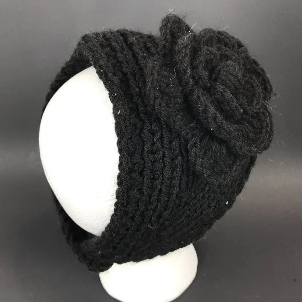 Wool blend black hand knit headband with flower accent